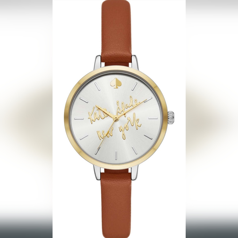 Kate Spade 💛🤎 New York Logo Two-Tone Dial, Leather Strap Watch, 34mm, 🆕